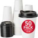 RACETOP 12 oz 50 Pack Disposable Paper Coffee Cups with Lids, Paper Coffee Cups with Lids 12 oz, Hot Cup for Home/Office, White, 12 oz, 50 Pack With Lids