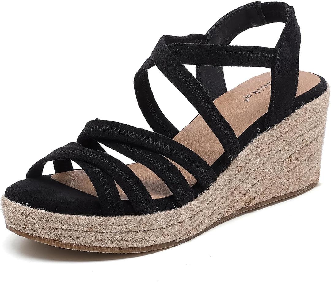 Luoika Wide Width Wedge Sandals for Women - Comfortable Platform Heel with Adjustable Ankle Strap, Open Toe Summer Casual Shoes (8 X-Wide, Black 508)
