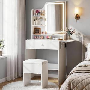 Haewon Small Vanity Desk with Mirror and Lights, Makeup Vanity with Charging Station, Compact Dressing Table Set with Storage Chair, Drawer and Shelves for Bedroom, White