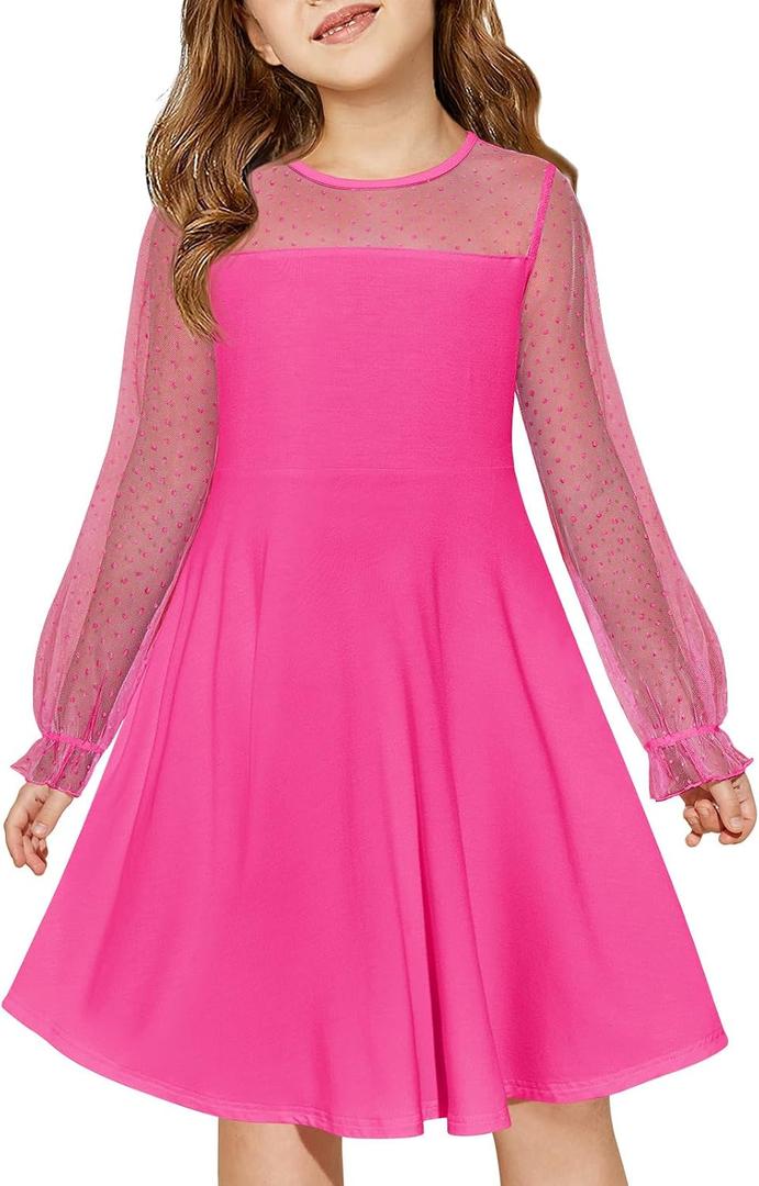 Haloumoning Girls Contrast Mesh Long Sleeve High Waist A Line Short Dress with Pockets 10-12 Years