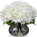 Hollyone Hydrangea Artificial Flowers with Glass Vase White Silk Faux Flowers Arrangements with Faux Water Fake Floral Bulk Bouquet for Home Decor Table Centerpiece Decorations