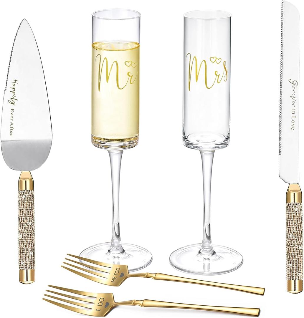 ROXBURGH Wedding Cake Knife and Server Set, Champagne Flutes, Gold Bride and Groom Toasting Glasses, Mr and Mrs Forks, Cake Cutting Set for Engagement