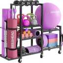 6-Tier Home Gym Storage Rack with Wheels, Dumbbell Weight Rack and Yoga Mat Organizer, Multi-Purpose Gym Equipment Storage Stand for Home Gym Accessories