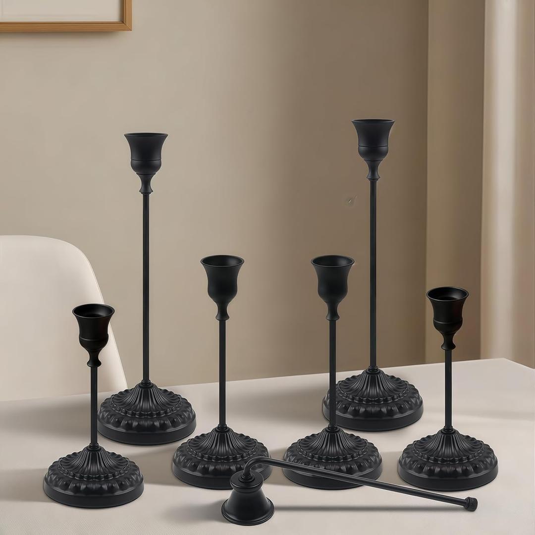 2 x BEAHOT Matte Black Candle Holders Set of 6 with Matching Candle Snuffers Elegant Non-Slip Candlestick Holders for Christmas Decorations Wedding Centerpiece, Dining Table & Home Gift Display
