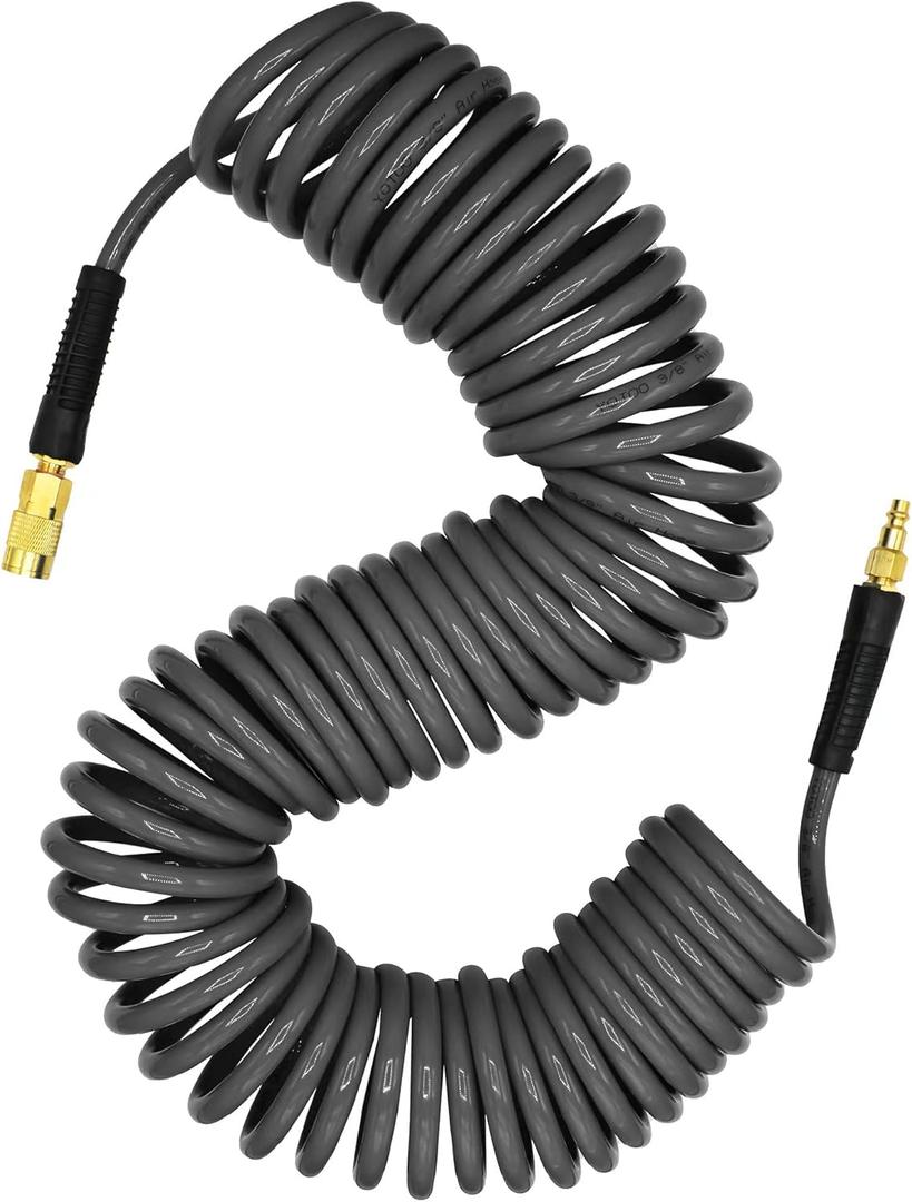 YOTOO Polyurethane Recoil Air Hose 3/8" Inner Diameter by 50' Long with Bend Restrictor, Repairable 1/4" Industrial Quick Coupler and Plug, Gray