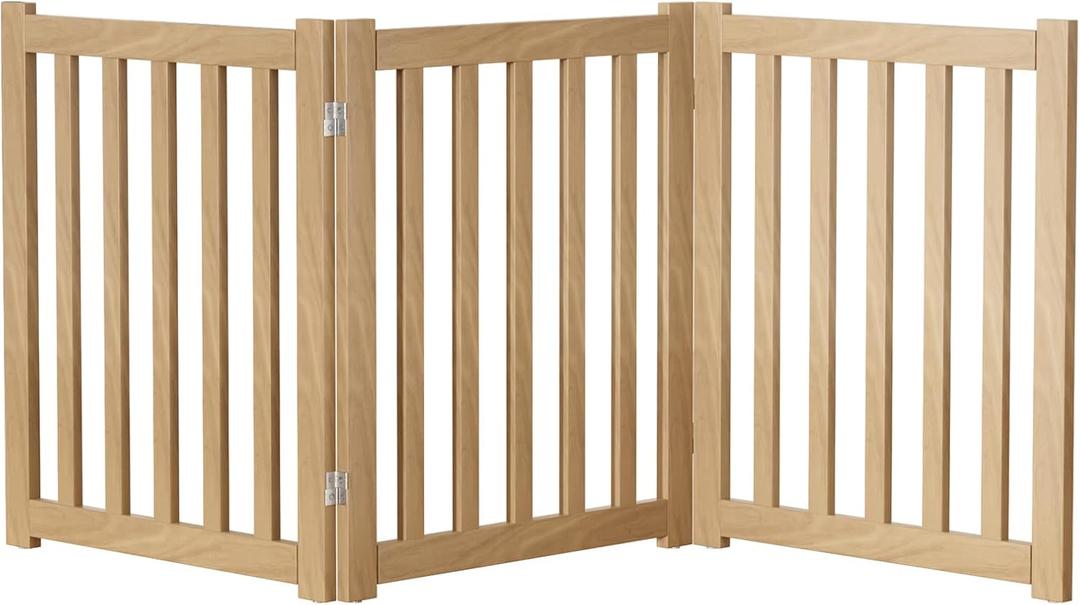 3-Panel Solid Wood Dog Gate - Freestanding Folding Pet Gate for Doorways, Stairs, Indoor, 24" Height, No Installation Needed, Natural Wood