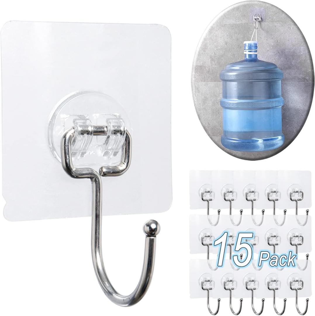 15 pack Large Adhesive Wall Hooks, Damage-Free Waterproof Rustproof 33Ib Max Heavy Duty Hanging Clear Seamless Sticky Utility Hooks, Towel Coat Hangers for Home, Kitchen, Bathroom (Round Head)