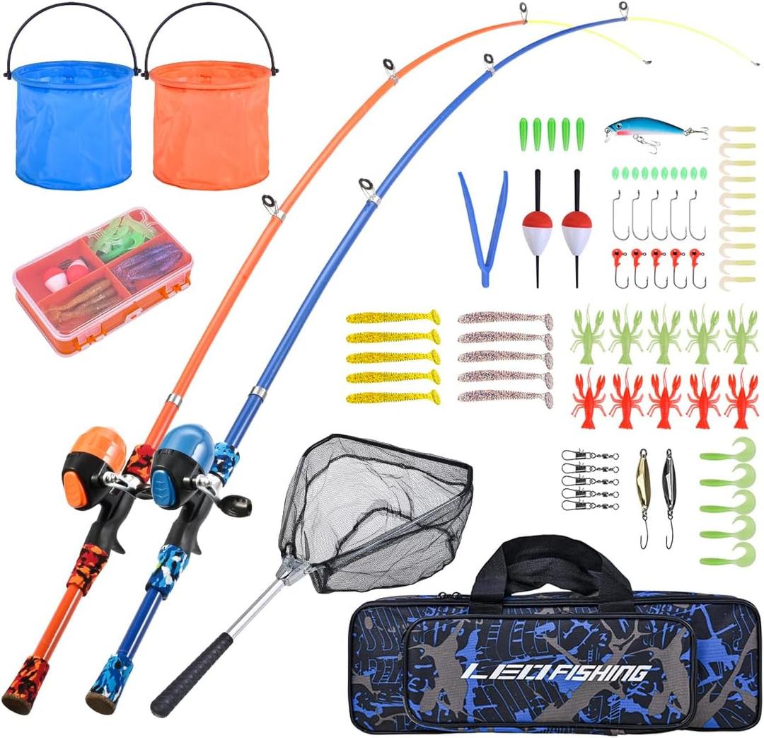 LEOFISHING Portable Kids Fishing Rod Set 2Pack Telescopic Fishing Poles for Boys and Girls Fishing Rod and Reel Combos with Full Kits Fishing Net and Bucket for Toddler Youth (Blue and Orange)