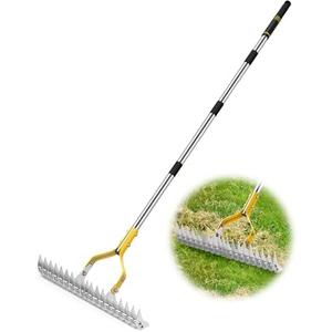 Trydream Thatch Rake, 15 Inch Wide Lawn Thatching Rakes for Cleaning Dead Grass, Efficient Metal Steel Lawn Dethatcher with Sponge Handle, Lawn loosening Soil Grass Rake (Silver)