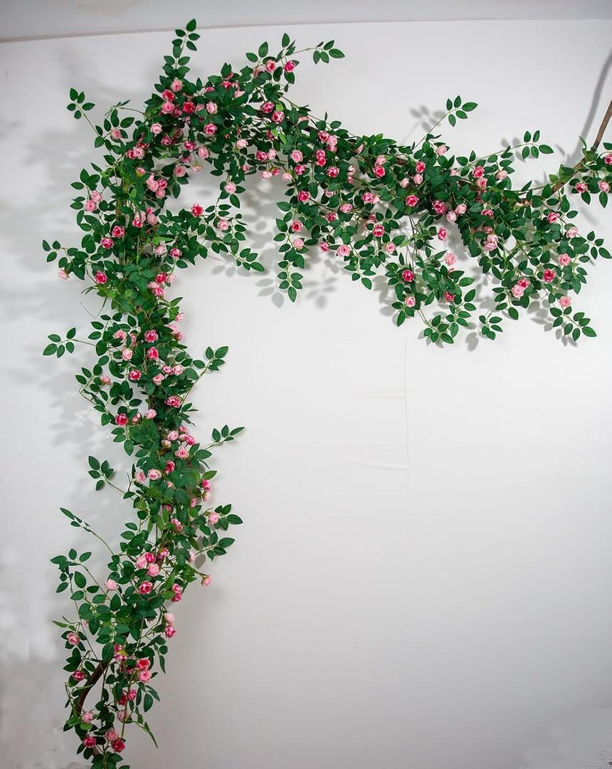 6FT Bendable Pink Flower Garland, Artificial Rose Vine Hanging Floral Garland with 3D Butterflies for Room Decor Wedding Trellis Fence Home Wall Decoration, Pink, 2pcsn
