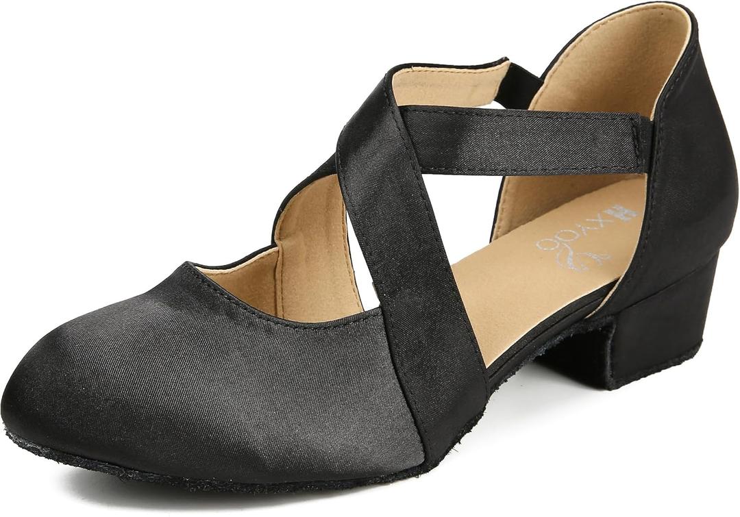 Ballroom Dance Shoes Salsa Latin Dancing Shoes Women for Social Beginner Closed Toe 1 1/2 inches Heels S14 (8.5, Black)