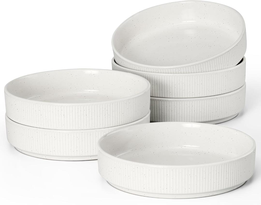 E-far Pasta Bowls Set of 6, 35oz Large Salad Bowl Plate for Dinner Serving Soup, Wide & Shallow Ceramic Stoneware Pasta Plates, Microwave & Dishwasher Safe, Textured Stripes & Speckled White, 8