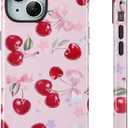 QLTYPRI Case for iPhone 15, Aesthetic Cute Pink Cherry Bow Phone Case for Girls Women, Protective Hybrid 2-Layer Hard Shell Silicone Cover Durable Shockproof Phone Cover - Pink
