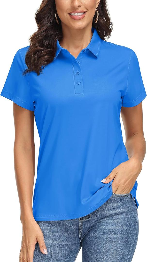 MAGCOMSEN Women's Polo Shirts UPF 50+ Short Sleeve Golf Shirt Quick Dry Sun Protection 4 Buttons Casual Work Collar Top, Blye, Large