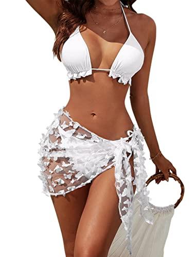 Blooming Jelly Womens 3 Piece Swimsuits Triangle Halter Thong Bikini Set Butterfly Bathing Suits Sarongs (XLarge, White)