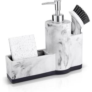 zccz Soap Dispenser with Sponge Holder and Brush Holder, Marble Pattern Kitchen Dish Soap Dispenser Pump Bottle Countertop Sink Caddy Bathroom Organizer Sponge Holder for Sink Storage and (3 in 1)
