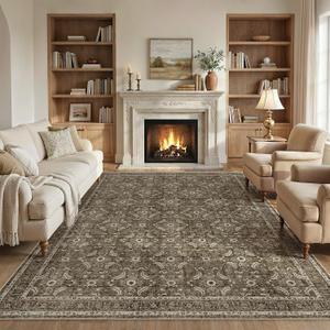 WITSHOCK 9x12 Area Rugs for Living Room: Washable Rugs Vintage Large Carpet for Bedroom Office Dining Room Nursery, Non Slip Stain Resistant Soft Thin Retro Floral Rug, Dark Brown