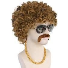 5 Pcs Rocker Costume Men's Wigs Golden curly wig Disco Men's Party Costume Men with Wigs Sunglasses Beards for 70s 80s 90s (gold)