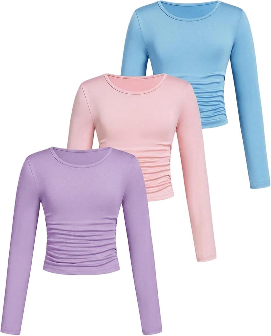SOLY HUX Girl's 3 Piece T Shirt Crew Neck Long Sleeve Ruched Crop Tops Slim Fit Solid Basic Tee