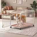 36 Inch Diamond Mesh Dog Crate for Medium Dogs, Durable Metal Dog Kennel Indoor with Lockable Wheels, Double Secure Latch Dog Cage with Removable Tray, Easy to Assemble, 100Lb Capacity, Beige