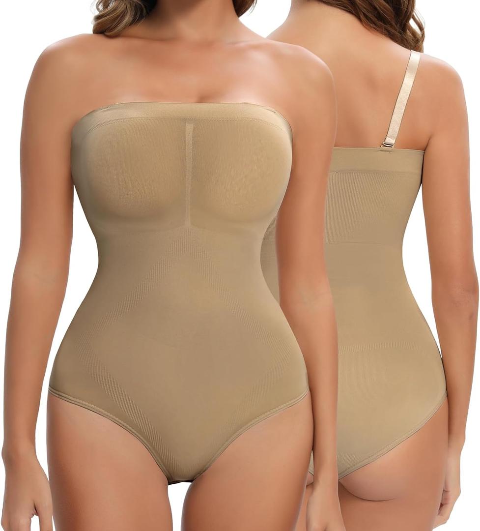 Strapless Shapewear for Women, Tummy Control Triangle Bodysuit, Body Shaper Tank Top (Medium, Beige)