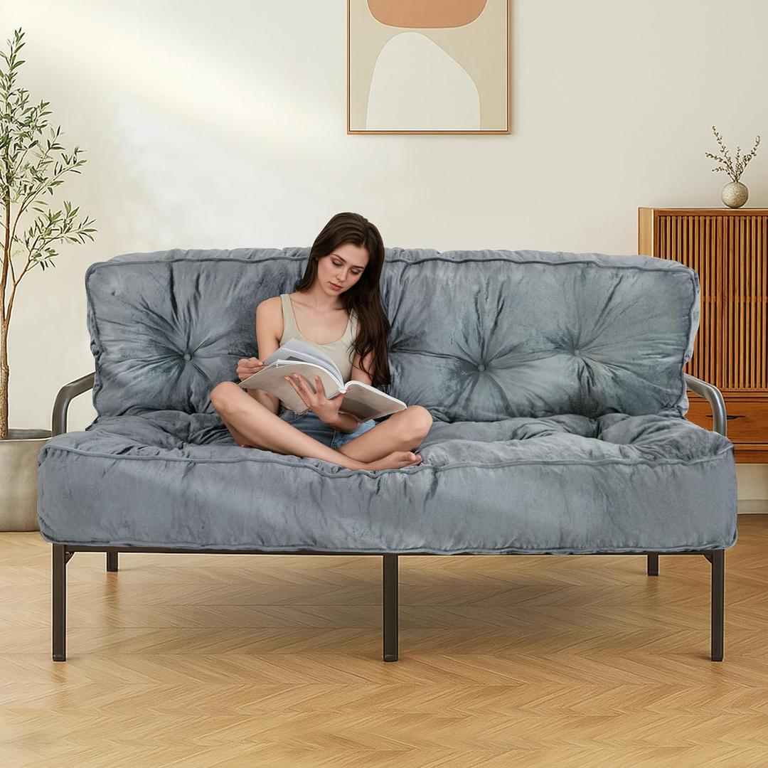 MAXYOYO 8" Futon Mattress, Full Size Extra Thick Futons Sofa Couch Bed for Adults, Velvet Floor Mattress Shredded Foam Filling (Frame Not Included)
