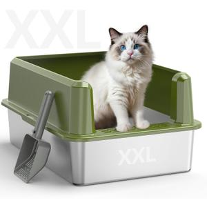 WoofiGo Enclosed Stainless Steel Cat Litter Box with Lid, XL Extra Large Litter Box for Big Cats, Metal Litter Pan High Sided, Never Absorbs Odors, Anti-Urine Leakage, Include Scoop (65-Green)