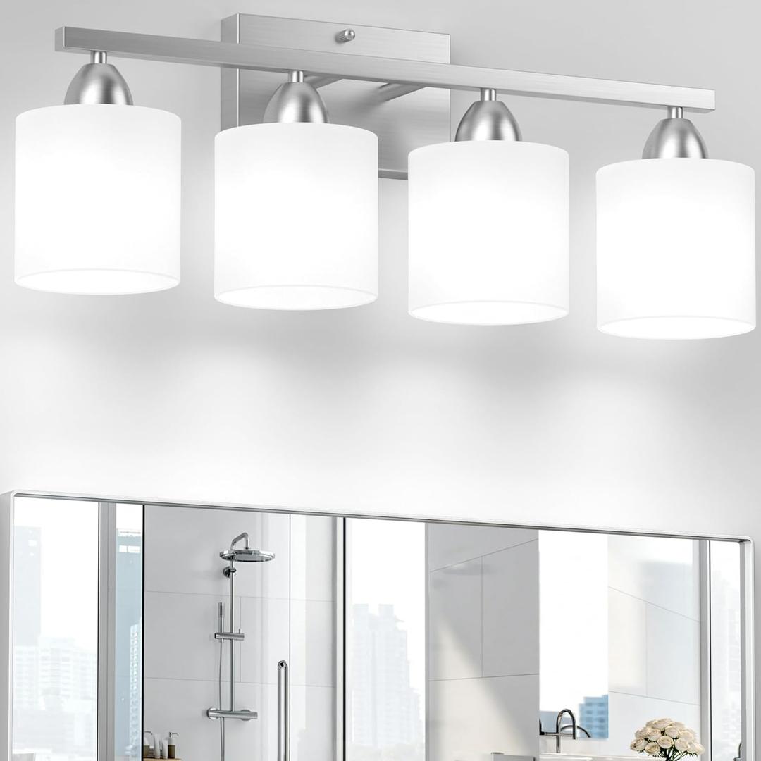 Bathroom Lighting Fixtures Over Mirror, Anti-Rust Vanity Light Fixture for Bathroom, Modern 4-Light Wall Sconce Light for Living Room, E26 Base, Milky White Glass Shades, Bulbs Not Included (Brushed Nickel-4Light)