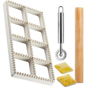 Ravioli Maker Press, Ravioli Press Mold Set - Squares Ravioli Stamp Maker Cutter with Wood Rolling Pin and Ravioli Wheel, Ravioli Stamp Pasta Making Tools | Makes 8 Ravioli, 1.85"