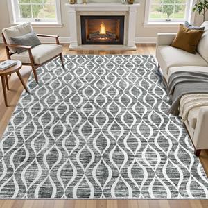 WITSHOCK 7x9 Dark Grey Living Room Rug - Washable Boho Soft Modern Geometric Low Pile Moroccan Trellis Pattern Large Thin Rug for Bedroom Dining Room, Carpet for Nursery Playroom, Eco-Friendly, 84x108