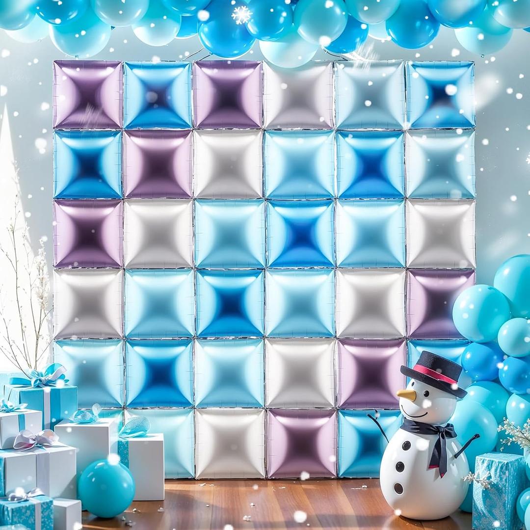36 Pcs Winter Birthday Party Decorations Balloons Princess Snowflake Blue Purple Silver Brick Square Foil Balloon Wall Arch Kit Backdrop Double Sided Metallic Cartoon Party Supplies