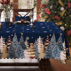 Christmas Tablecloth 60x60 Inch Rectangular, Christmas Trees Winter Snowman Washable Table Cover for Party Picnic Dinner Decor,Blue