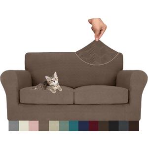 MAXIJIN 3 Piece Couch Covers for 2 Cushion Couch loveseat Cover, Stretch Love Seat Sofa Slipcovers for Dogs Pet, Thick Furniture Protector with 2 Seat Cushion (55"-69", Brown)