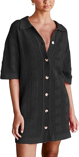 Lumister Lightweight Knit Dress Crochet Button Cover Up Bathing Suit Swimwear Knit Beach Summer Dress for Women, Size M