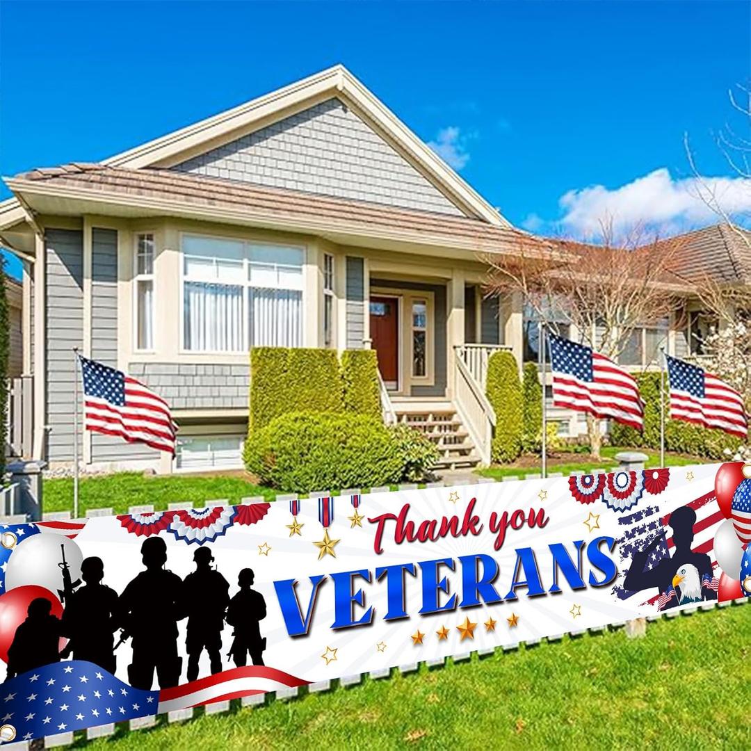 2 x Veterans Day Decorations, Thank You Veterans Yard Sign Banner Patriotic Decorations Memorial Day Hanging Banner for Happy Veteran Day Fence Decoration