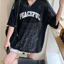 BEAUDRM Women's Oversized Lace Jersey Y2k Letter Graphic V Neck Short Sleeve Baggy Tee Shirts (L)