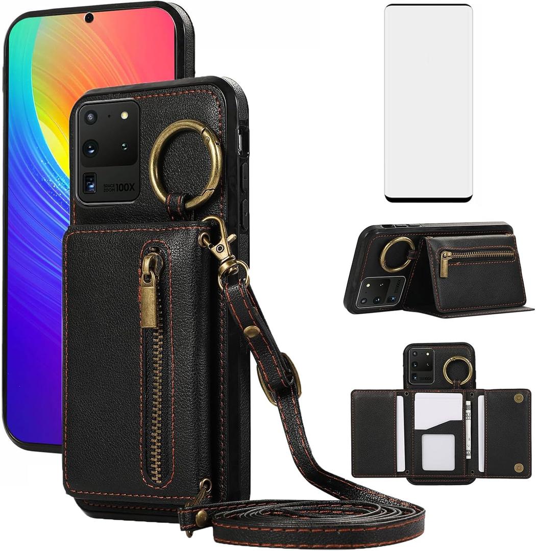 Asuwish Compatible with Samsung Galaxy S20 Ultra 5G Wallet Case with Screen Protector and Crossbody Shoulder Strap Card Holder Cell Phone Cover for S20ultra 20S S 20 A20 S2O 20ultra G5 Women Men Black