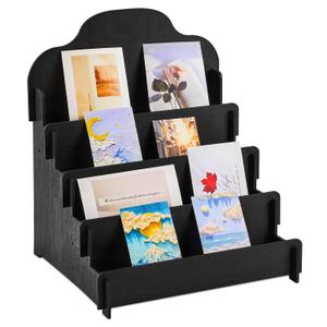 Barydat Large Greeting Card Display Stand Tiered Wooden Display Stand for Postcard Brochure Photos Jewelry Snacks Sticker Holder for Vendors, Counter Retail(11.8 x 10.4 x 14.2 Inch,Black)
