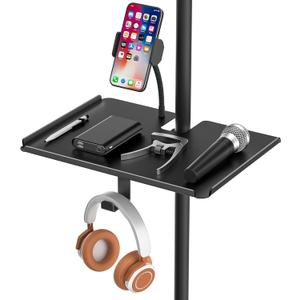 Metal Microphone Stand Tray with Mic Stand Phone Holder - 11.7" x 7.8" Functional Large Mic Stand Tray Shelf for Studio, Concert, Karaoke Clamp on Music Stand Shlef Attachment