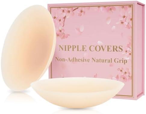 Not Sticky Medical-Grade Silicone Nipple Covers, Natural Grippy Fit Body, Reusable Seamless No-Show Pasties With Travel Box, Size B-DD(3.94In)