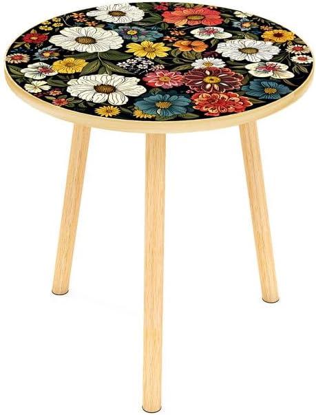 Mandala Round End Table, Small Side Table with Colorful Flowers Finish, Retro Modern Small Coffee Table for Balcony, Living Room(15.7" Dia. x 18.5" H, Colorful, Round)