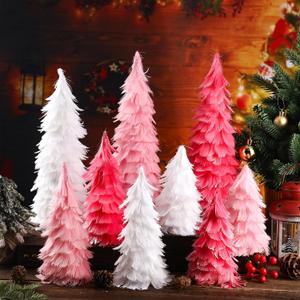 9 Pcs Christmas Feather Tree Table Top Feather Christmas Tree Xmas Tree Tabletop Decor Centerpieces for Winter Wedding Party Shelf Home Craft, 3 Size 6'' 8'' 12'' Fake Indoor Trees(White Pink)