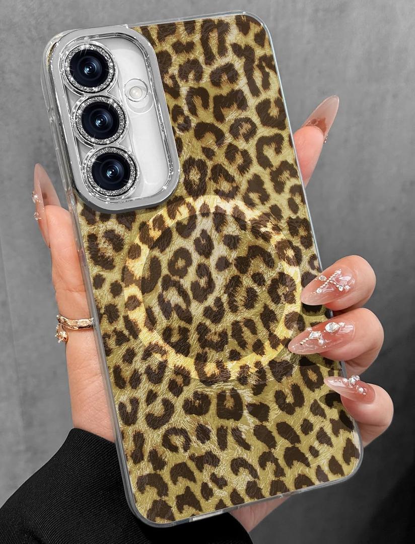 Toycamp for Samsung Galaxy S24 FE Case - Compatible with Magsafe Aesthetic Cute Holographic Galaxy S24 FE Case with Diamond Bling Lens Protector Cover for Women Girls, Brown Leopard