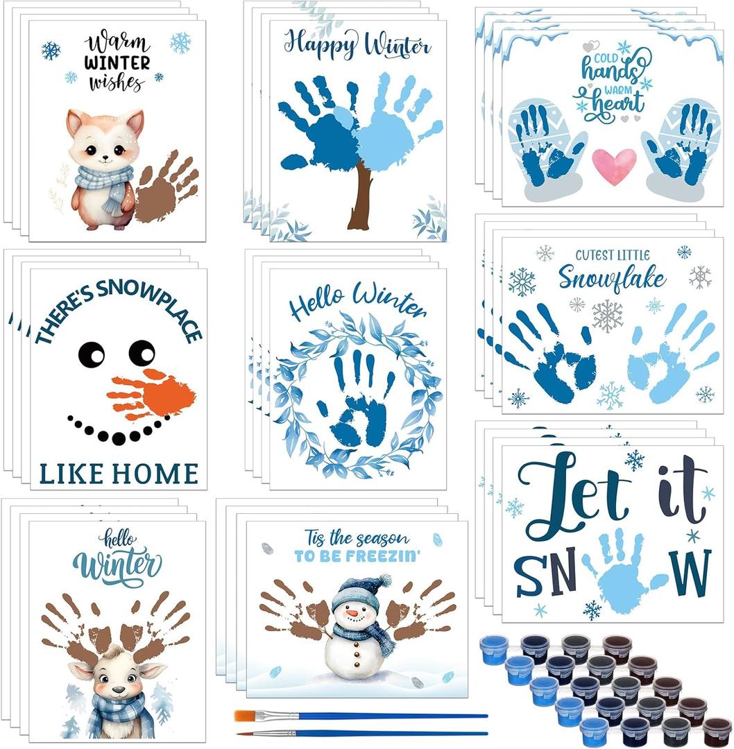 AmazingSpark 36 Sets Hello Winter Handprint Art Craft Included Snowman Snowflake Gloves Reindeer DIY Hand Print Paper Crafts with Paint, Let It Snow Handprint Keepsake for Winter Xmas Fun Activity