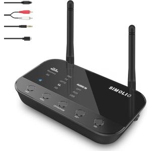 SIMOLIO 201D Bluetooth 5.2 Audio Transmitter for TV to 2 Wireless Headphone/Speaker, 197ft Long Range, Bluetooth Adapter for TV w/aptX Low Latency & HD, Qualcomm Class 1, AUX/RCA/Optical/USB