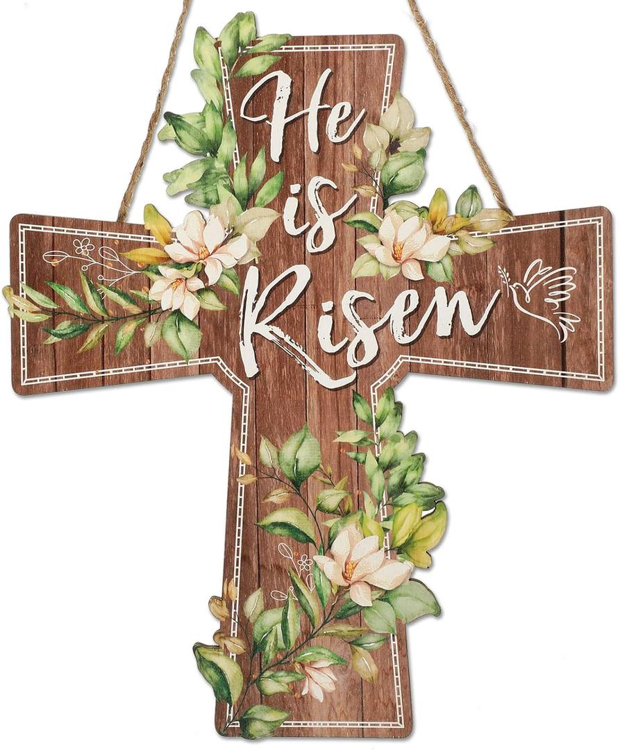 Tiamon He is Risen Door Hanger Wooden Easter Door Sign Greenery Print Cross Hanging Sign Religious Easter Hanging Decorations for Wall Home Indoor Outdoor Spring Decor Supplies, 13 x 10.6 Inch