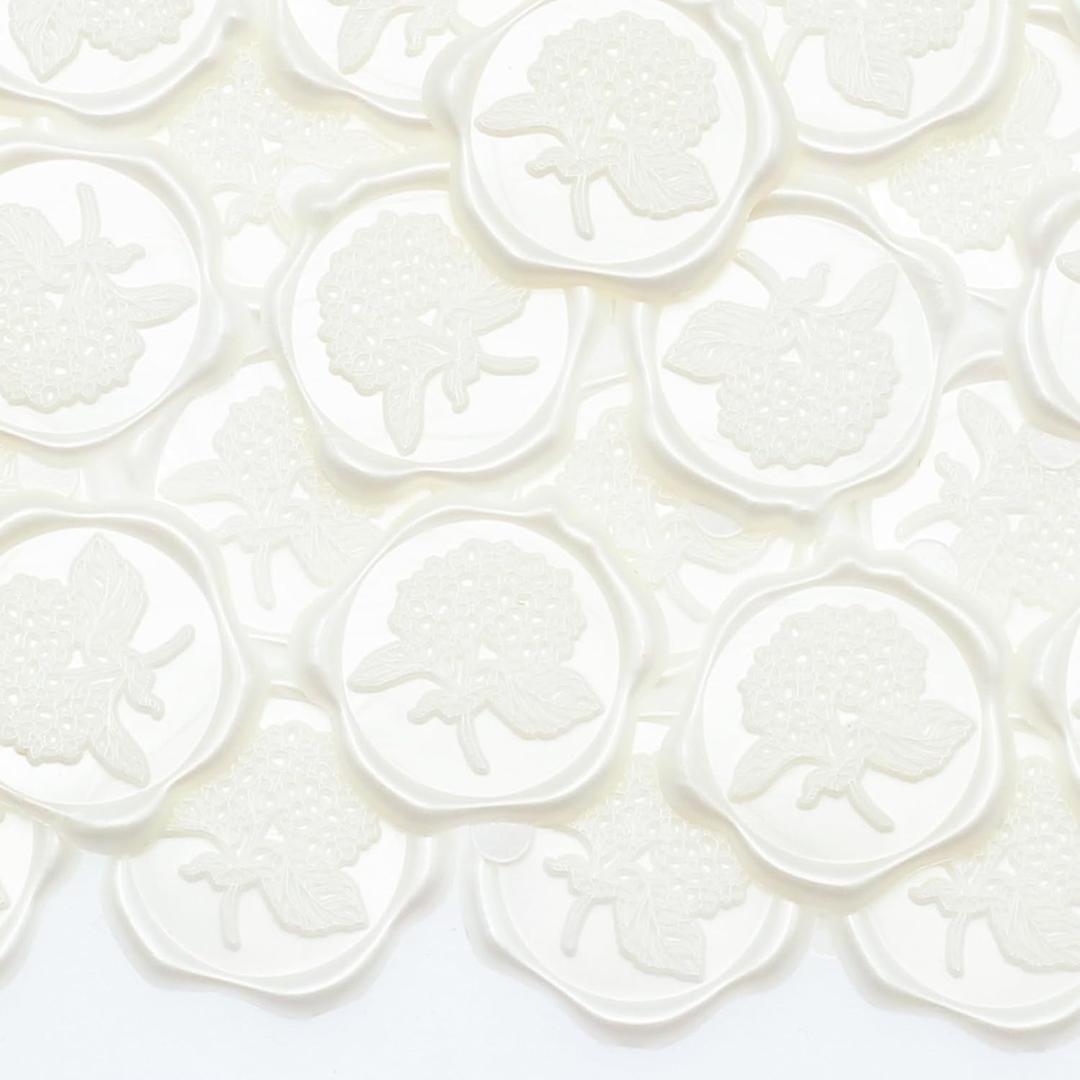 50pcs Hydrangea Wax Seal Stickers, Andotopee Floral Botanical Envelope Seal Stickers, Self-Adhesive Pearl White Stickers Pre-Made from Real Sealing Wax, Great for Wedding Invitation, Gift Wrapping