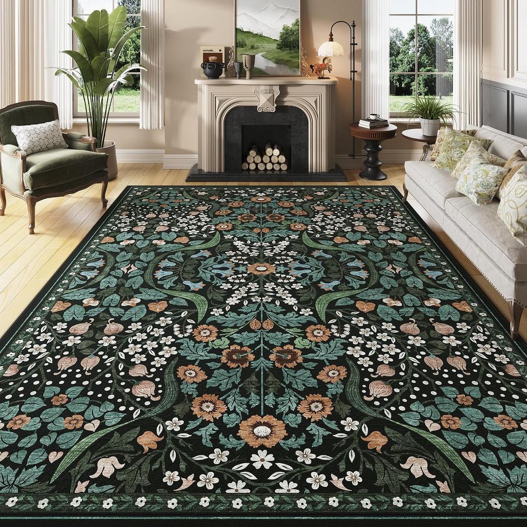 8x10 Green Floral Washable Area Rug for Living Room, Non-Slip Soft Vintage Boho Carpet, Botanical Forest Green Low Pile Rugs for Bedroom, Dinning Room, Dorm, Nursery, Black and Green