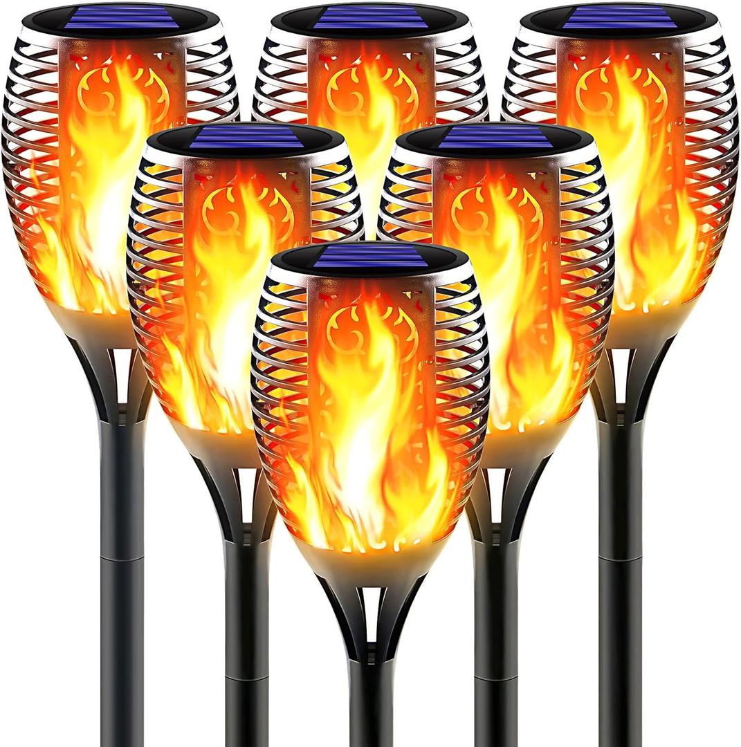 Large Solar Torch Light with Flickering Flame, 6 Pack Upgraded Outdoor Decorative Solar Tiki Torches - Super Bright LED Landscape Lighting for Yard, Garden, Patio & Pathway Decor, Auto On/Off