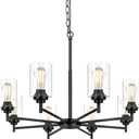 Sucolite 33.5'' 8-Light Chandelier for Dining Room Kitchen Island, Modern Farmhouse Pendant Lighting with Glass Shades Industrial Black Hanging Ceiling Light Fixture for Living Room, Height Adjustable